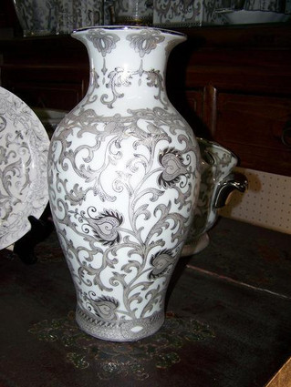 White and Sterling Silver Lotus Scroll - Luxury Handmade and Painted Reproduction Chinese Porcelain - 14 Inch Mantle Vase, Jardiniere - Style 3