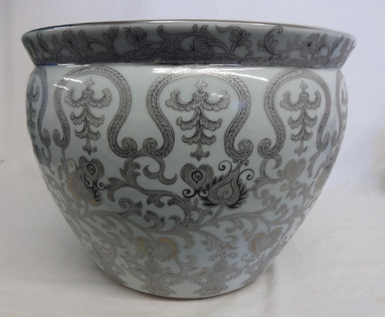White and Sterling Silver Lotus Scroll - Luxury Hand Painted Reproduction Chinese Porcelain - 14 Inch Fish Bowl | Fishbowl, Planter Style 35