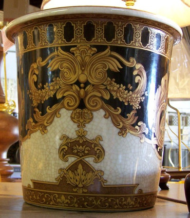 Ebony Black and Gold Acanthus - Luxury Handmade and Painted Reproduction Chinese Porcelain - 10 Inch Wastebasket - Style 922