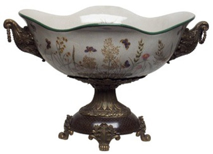 Summer Garden - Luxury Hand Painted Porcelain and Gilt Bronze Ormolu - 17 Inch Pedestal Bowl, Centerpiece