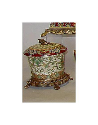 Chinese Red and Fern Green - Luxury Handmade and Painted Reproduction Chinese Porcelain and Gilt Bronze Ormolu - 7 Inch Table Top Pet Treat or Covered Dish Style B236