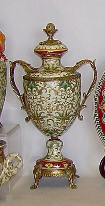 Chinese Red and Fern Green - Luxury Handmade and Painted Reproduction Chinese Porcelain and Gilt Bronze Ormolu - 20.5 Inch Statement Urn - Style A557