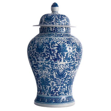 Blue and White Pattern - Fine Hand Painted Porcelain - 18 Inch Temple Jar - Lotus Flower Motif