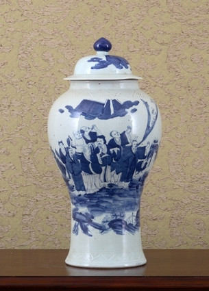 Blue and White Warrior Pattern - Luxury Hand Painted Porcelain - 18 Inch Covered Jar