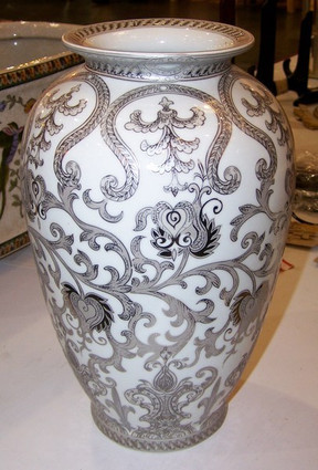 White and Sterling Silver Lotus Scroll - Luxury Handmade and Painted Reproduction Chinese Porcelain - 12 Inch Table Top Vase, Jardiniere - Style 807