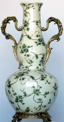 Creme and Green Ivy - Luxury Handmade and Painted Reproduction Chinese Porcelain and Gilt Bronze Ormolu - 17 Inch Table Top, Mantle Vase Style B91