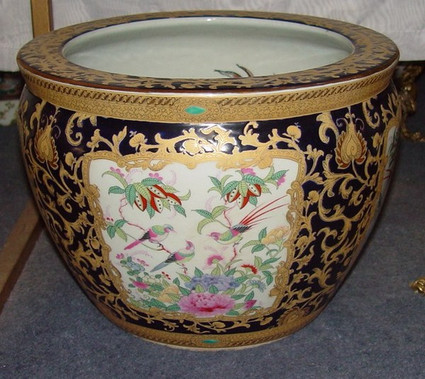 Midnight Blue and Gold Lotus Scroll Nature Scene - Luxury Hand Painted Chinese Porcelain - 14 Inch Fish Bowl | Fishbowl, Planter Style 35 Midnight Blue and Gold Lotus Scroll Nature Scene - Luxury Hand Painted Chinese Porcelain - 14 Inch Fish Bowl | Fishbowl, Planter Style 35