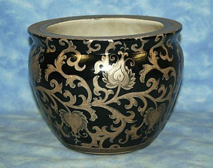 Ebony Black and Gold Lotus Scroll - Luxury Handmade and Painted Reproduction Chinese Porcelain - 12 Inch Fish Bowl | Fishbowl, Planter Style 35