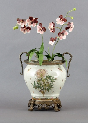 Spider Flower Pattern - Luxury Hand Painted Porcelain and Gilt Bronze Ormolu - 15 Inch Orchid Pot, Planter