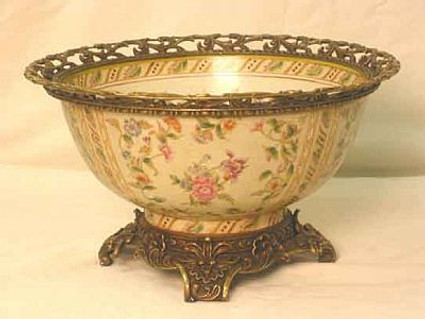 Pink Peonies Pattern - Luxury Hand Painted Porcelain and Gilt Bronze Ormolu - 14 Inch Bowl, Centerpiece