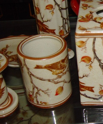 Creme and Orange Autumn Scene - Luxury Hand Painted Chinese Porcelain - 4 Inch Toothbrush Holder, Pen Cup - Style G722
