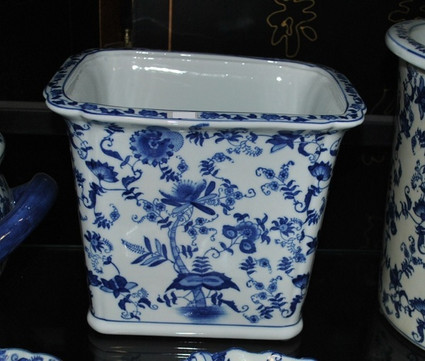 Blue and White Delicate Flower Vine - Luxury Hand Painted Chinese Porcelain - 10 Inch Rectangular Planter - Style 647