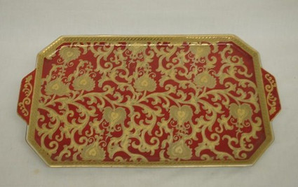 French Red and Gold Lotus Scroll - Luxury Handmade and Painted Reproduction Chinese Porcelain - 18 Inch Display or Vanity Tray - Style 194