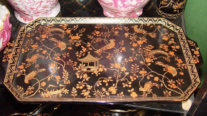 Ebony Black and Gold Pagoda - Luxury Handmade and Painted Reproduction Chinese Porcelain - 18 Inch Display or Vanity Tray - Style 194