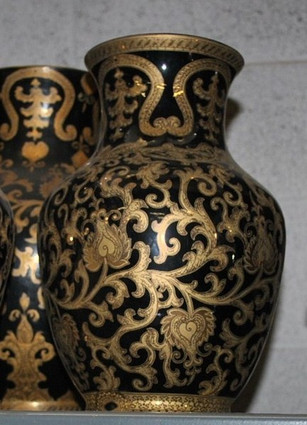 Ebony Black and Gold Lotus Scroll - Luxury Handmade and Painted Reproduction Chinese Porcelain - 12 Inch Wide Mouth Mantle Vase - Style 641