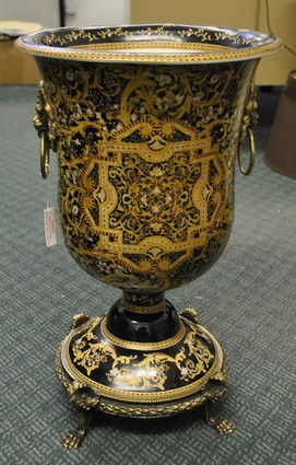 Ebony Black and Gold Medallion - Luxury Handmade and Painted Reproduction Chinese Porcelain and Gilt Bronze Ormolu - 21 Inch Statement Vase, Urn Style A449