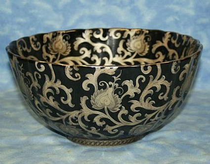 Ebony Black and Gold Lotus Scroll - Luxury Handmade and Painted Reproduction Chinese Porcelain - 12 Inch Scalloped Edge Centerpiece Bowl Style d78