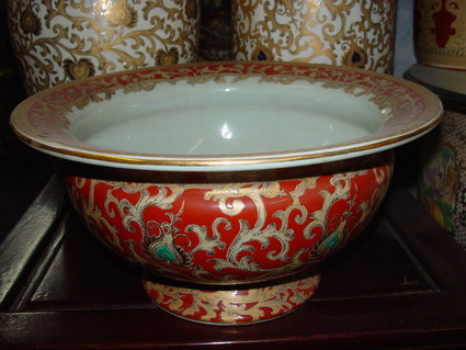 French Red and Gold Lotus Scroll - Luxury Handmade and Painted Reproduction Chinese Porcelain - 15 Inch Centerpiece, Fruit Bowl - Style 398