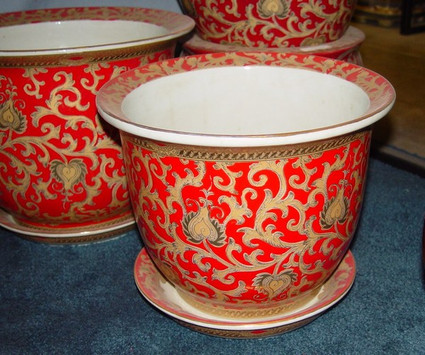 French Red and Gold Lotus Scroll - Luxury Handmade and Painted Reproduction Chinese Porcelain - #10 Traditional Flower Pot Planter - Style 42