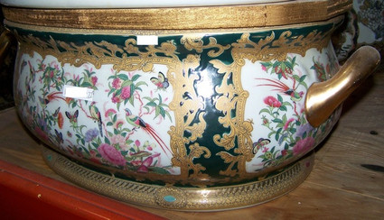 Jewel Green and Gold Lotus Scroll Nature Scene - Luxury Handmade and Painted Reproduction Chinese Porcelain - 22 Inch Footbath, Planter, Centerpiece Style 951