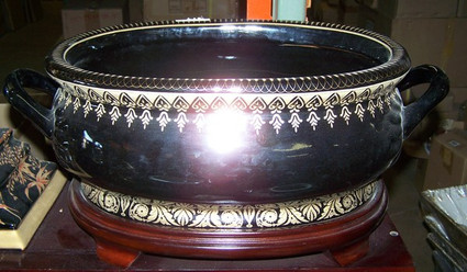 Neo Classical Ebony Black and Gold - Luxury Handmade and Painted Reproduction Chinese Porcelain - 18 Inch Footbath, Planter, Centerpiece Style 951