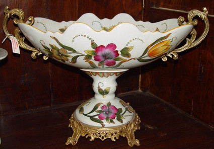 Les Printemps - Luxury Handmade and Painted Reproduction Chinese Porcelain and Gilt Bronze Ormolu 19 Inch Footed Bowl Style B358