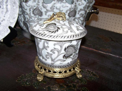 White and Sterling Silver Lotus Scroll - Luxury Handmade and Painted Reproduction Chinese Porcelain and Gilt Bronze Ormolu - 7 Inch Table Top Pet Treat or Covered Dish Style B236 White and Sterling Silver Lotus Scroll - Luxury Handmade and Painted Reproduction Chinese Porcelain and Gilt Bronze Ormolu - 7 Inch Table Top Pet Treat or Covered Dish Style B236