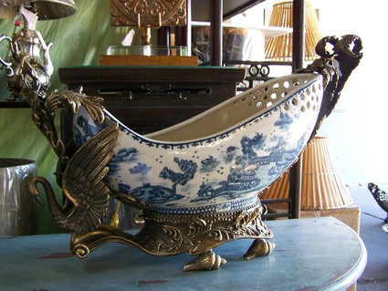Indigo Blue and White Pagoda - Luxury Handmade and Painted Reproduction Chinese Porcelain and Gilt Bronze Ormolu - 24.5 Inch Statement Bowl, Centerpiece - Style A159 Indigo Blue and White Pagoda - Luxury Handmade and Painted Reproduction Chinese Porcelain and Gilt Bronze Ormolu - 24.5 Inch Statement Bowl, Centerpiece - Style A159