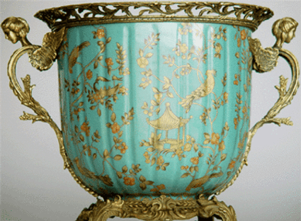 Teal Blue and Gold Pagoda - Luxury Handmade and Painted Reproduction Chinese Porcelain and Gilt Bronze Ormolu - 16 Inch Table Top Planter, Flower Pot - Style A088