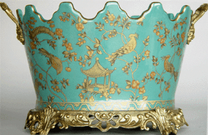 Teal Blue and Gold Pagoda - Luxury Handmade and Painted Reproduction Chinese Porcelain and Gilt Bronze Ormolu - 15 Inch Planter, Flower Pot, Centerpiece - Style A467