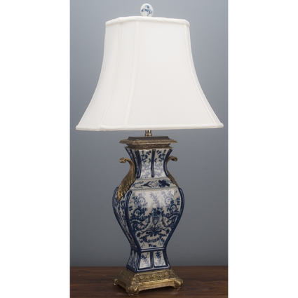 Traditional Blue and White Porcelain Lamp with Bronze Accents