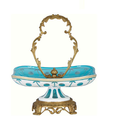 Luxe Life Finely Finished Cut Crystal Glass and Gilt Bronze Ormolu, 14 Inch Dish | Tray with Center Handle
