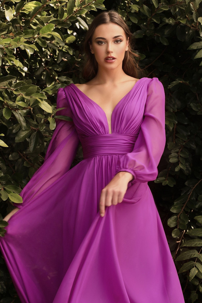 Long Sleeve Chiffon Prom & Ball Dress Modest Gown Gathered Fitted Bodice  Sensual Open Back A-line Silhouette CDCD0192 - R'CHELLE CLAUDE®