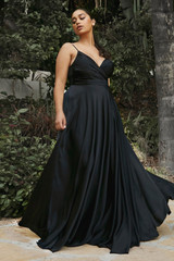 Soft Satin A-line Curve Prom & Bridesmaid Dresses Deep V-Neckline Wrapped Bodice Sexy Mid Open Back with High Leg Slit CD7485C