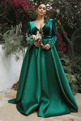 Curve Ball & Prom Gala Luxury Gown Long sleeves V-neck Fitted Bodice A-line Evening Bridesmaid Trendy Plus Size Dress CDCD226C