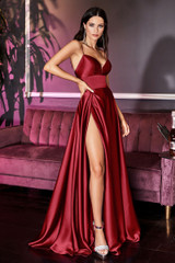 A-line Satin Prom & Bridesmaid Gown Illusion V-neckline Strap Dress Fitted on a waist style with Hugh Leg Slit CDCJ523