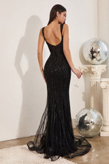 Embellished Fitted Formal Luxury Evening Prom & Bridesmaid Gown Fitted Sequin Open Back Plunging Neck Bodice Sensual Dress CDCD990