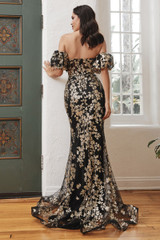 Strapless Glitter Floral Print Gala Sweetheart detachable puff sleeve Bodice Prom & Bridesmaid Dress CDJ844