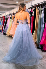 Tulle Skirt Illusion Embroidered Sequin Long Prom Dress ACTM1016