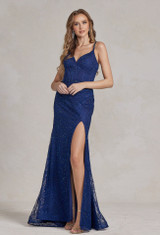 Side Slit Embroidered Tulle Spaghetti Straps Long Prom Dress NXB1145