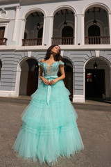 Ruffle Skirt Off Shoulder A-Line Embroidered Bodice Long Prom Dress NXE1293