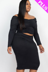 Plus Size Ruched Long Sleeve Top & Pencil Skirt Set (CAPELLA)