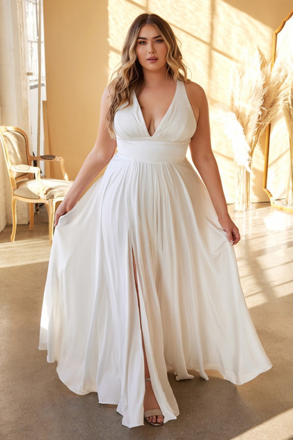 Plus Size Classic Soft a-line dress Curvy Bridal Dress Fitted Bodice Wedding Ceremony Gown Tender Skirt with High Leg Slit CD7469WW