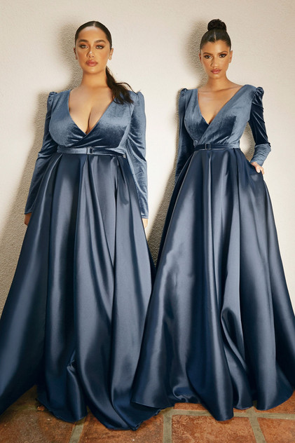 Curve Ball & Prom Gala Luxury Gown Long sleeves V-neck Fitted Bodice A-line Evening Bridesmaid Trendy Plus Size Dress CDCD226C