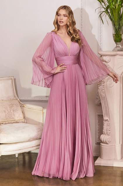 Pleated Chiffon Deep v-neckline Bodice with Open Back and Covered Shoulders Fairy Prom & Ball Dress CDCD242