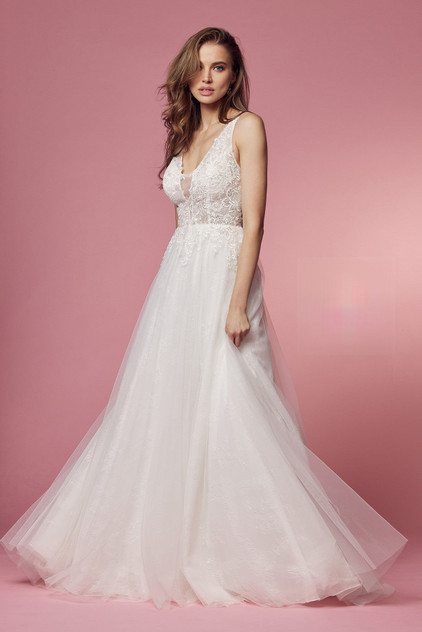 Illusion V-Neck Tulle Skirt A-Line Long Wedding Dress NXJE920