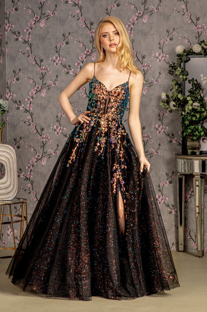 Glitter Illusion Sweetheart Sheer Bodice Mesh A-line Long Prom Dress GLGL3218