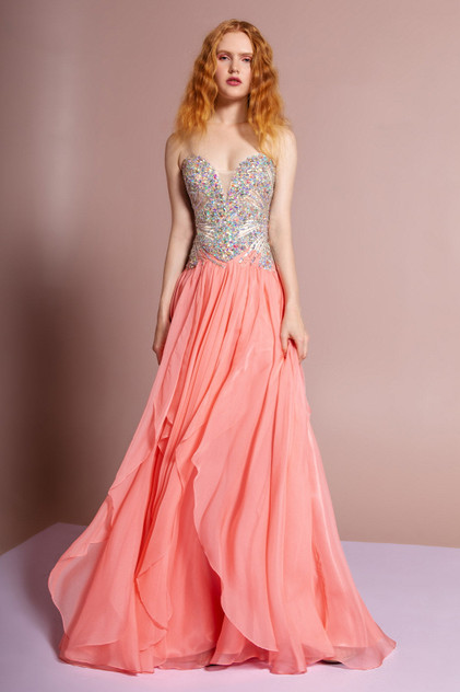 Strapless Sweetheart Chiffon with Sequin Embellished Bodice Long Prom Dress GLGL2092