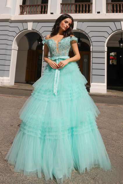 Ruffle Skirt Off Shoulder A-Line Embroidered Bodice Long Prom Dress NXE1293