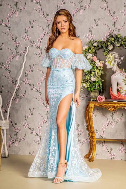 Glitter Sequin Mesh Mermaid Detachable Puff Sleeves Long Prom Dress GLGL3247
